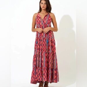 Oliphant maxi tropical print dress XL Tiered Tassel Diamond long